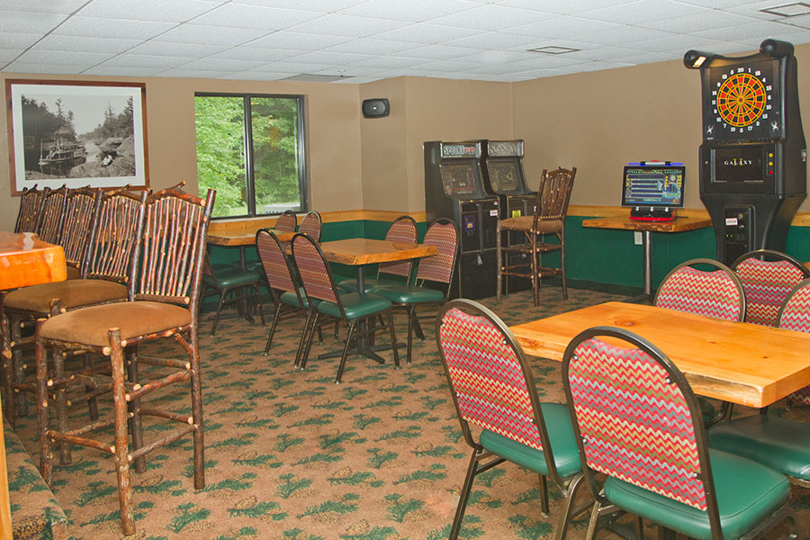 hotel bar with games and seating